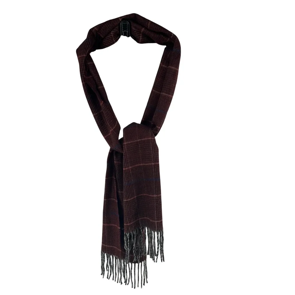 V. Fraas Cashmink Scarf Burgundy‎ Plaid Made in Germany Soft Acrylic Fringe 1140